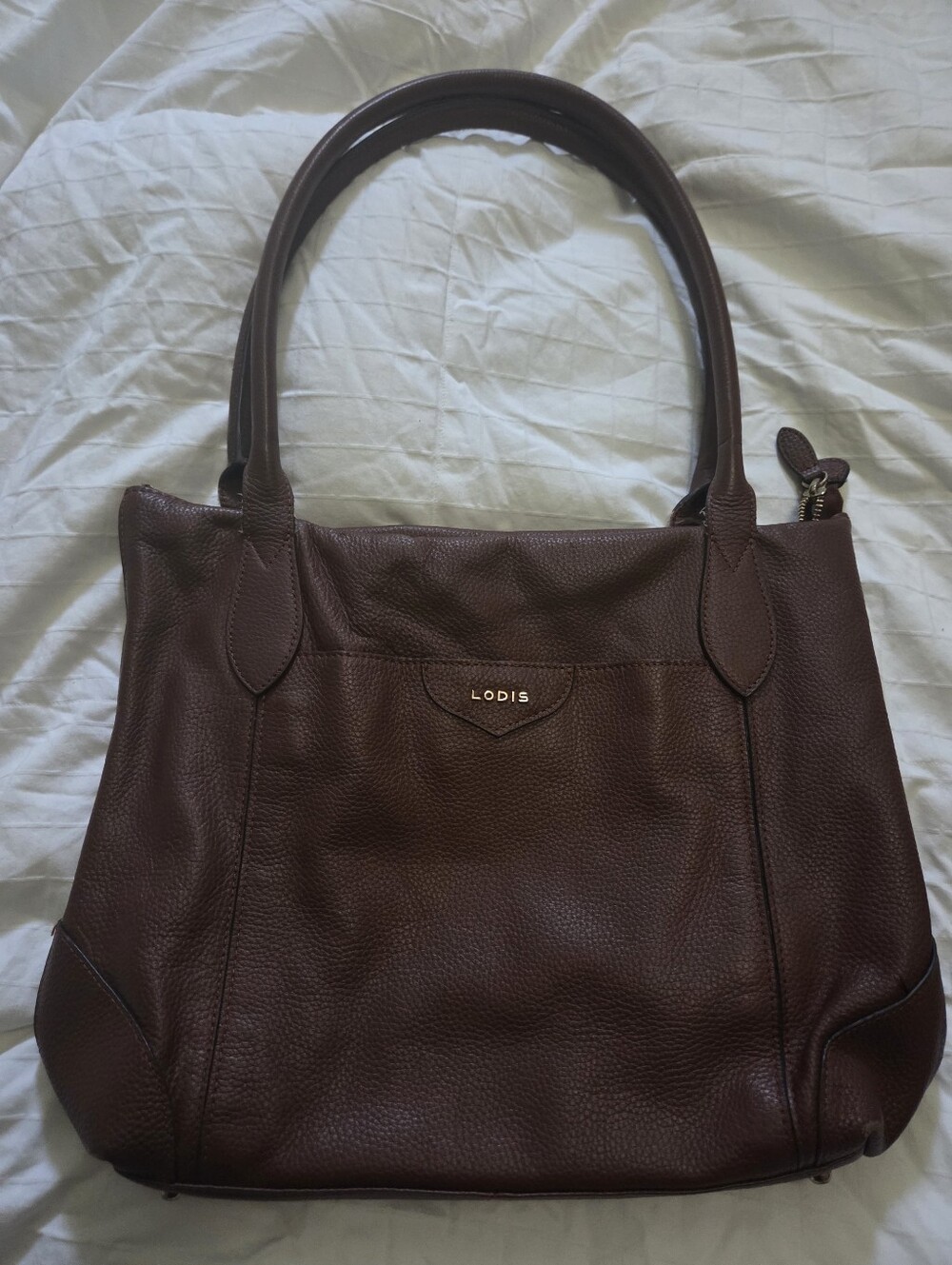 LODIS Chestnut Brown 100% Leather Shoulder Bag Lined Double Handle Tote Purse